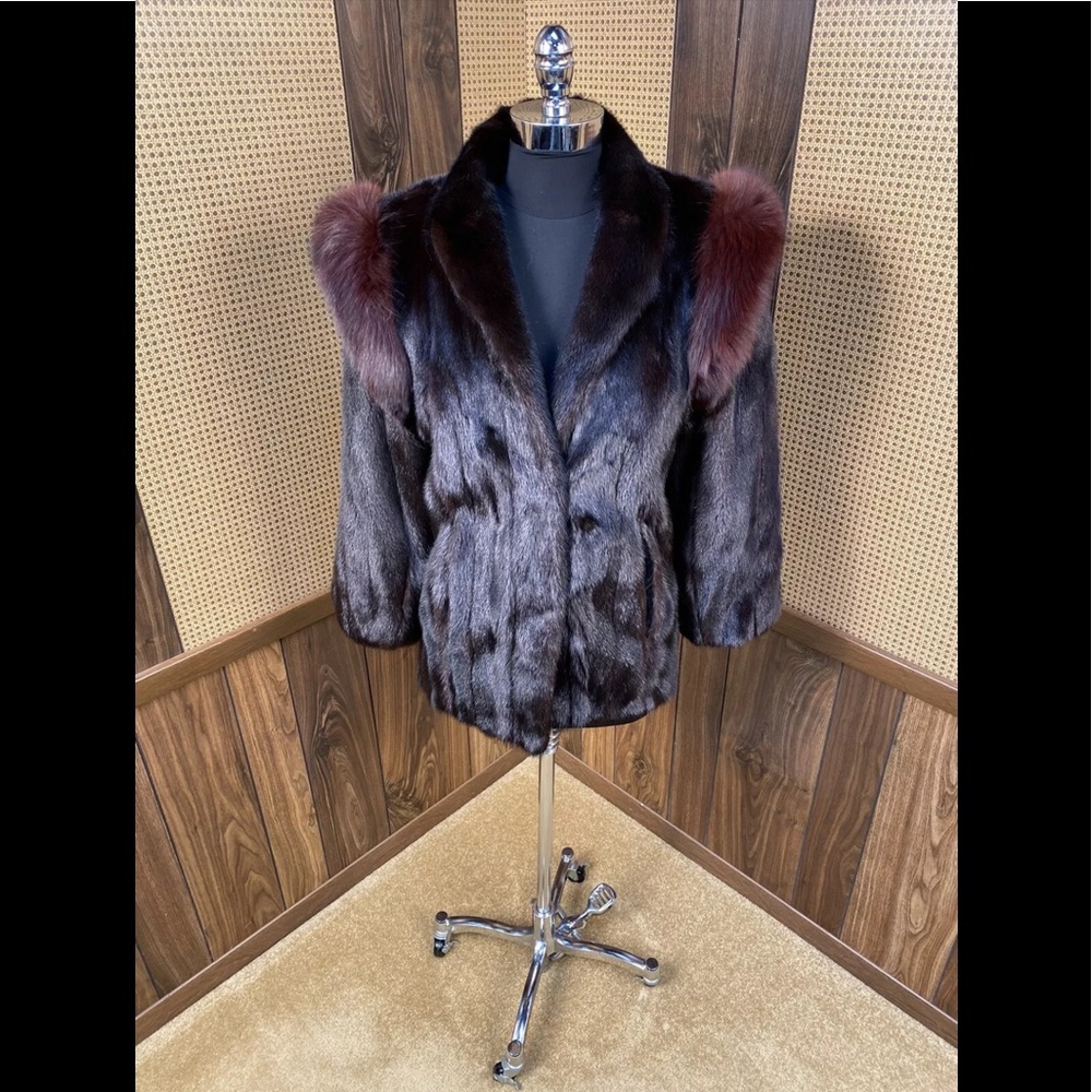 DARK BROWN MINK W/ FOX TRIM FUR JACKET COAT